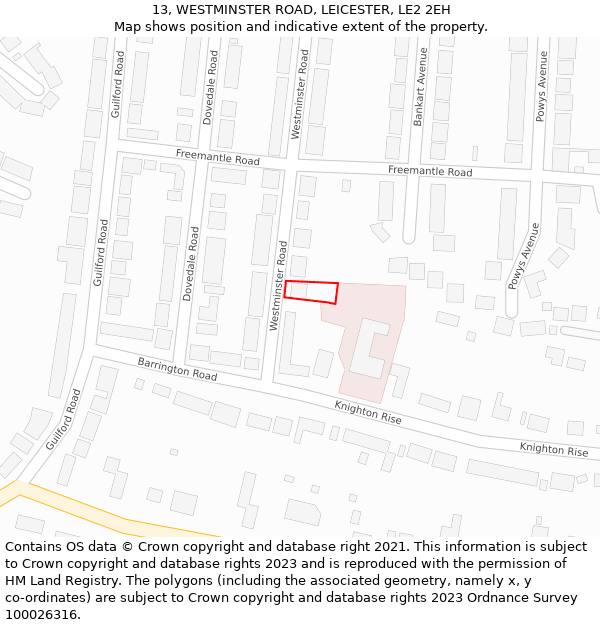 13, WESTMINSTER ROAD, LEICESTER, LE2 2EH: Location map and indicative extent of plot