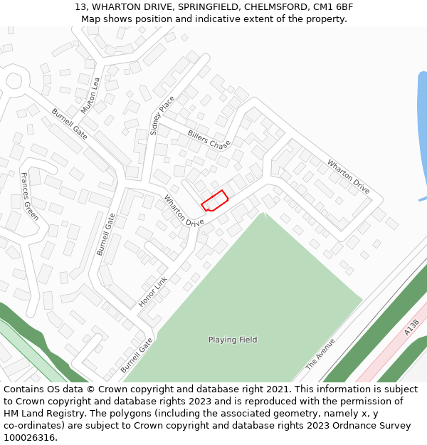 13, WHARTON DRIVE, SPRINGFIELD, CHELMSFORD, CM1 6BF: Location map and indicative extent of plot