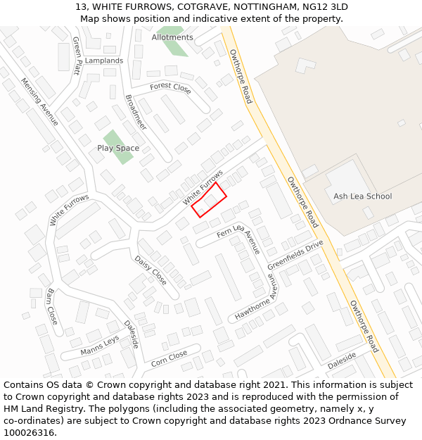 13, WHITE FURROWS, COTGRAVE, NOTTINGHAM, NG12 3LD: Location map and indicative extent of plot