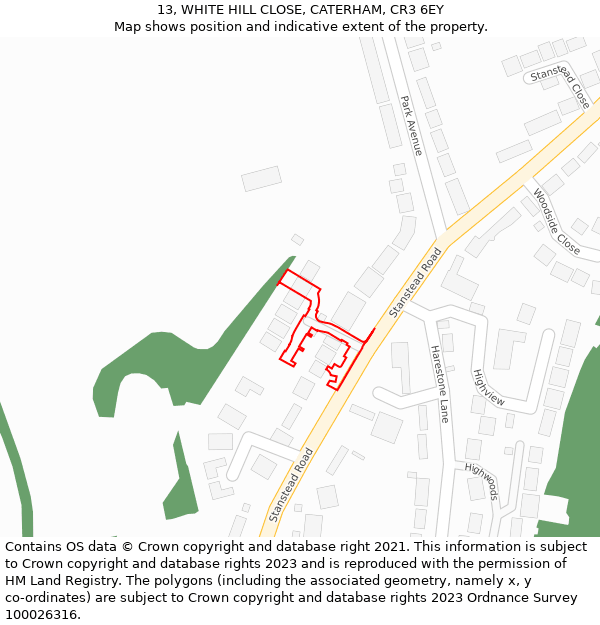 13, WHITE HILL CLOSE, CATERHAM, CR3 6EY: Location map and indicative extent of plot