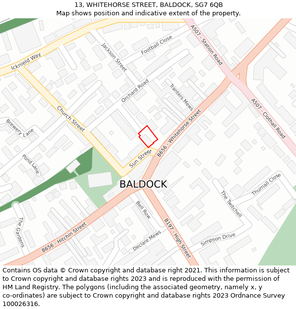 13, WHITEHORSE STREET, BALDOCK, SG7 6QB: Location map and indicative extent of plot
