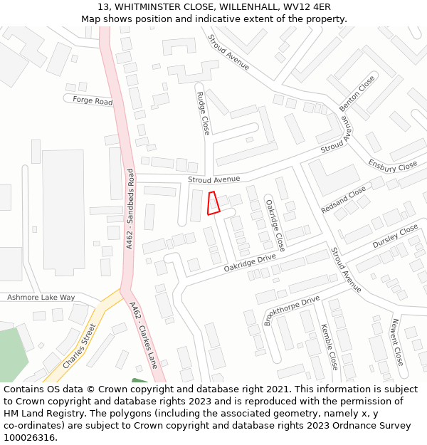 13, WHITMINSTER CLOSE, WILLENHALL, WV12 4ER: Location map and indicative extent of plot