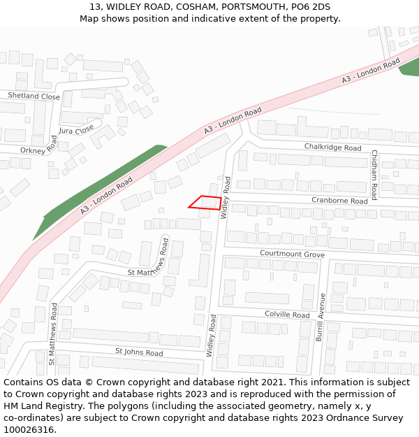 13, WIDLEY ROAD, COSHAM, PORTSMOUTH, PO6 2DS: Location map and indicative extent of plot