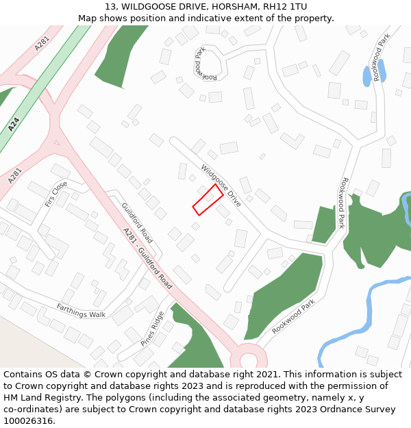 13, WILDGOOSE DRIVE, HORSHAM, RH12 1TU: Location map and indicative extent of plot