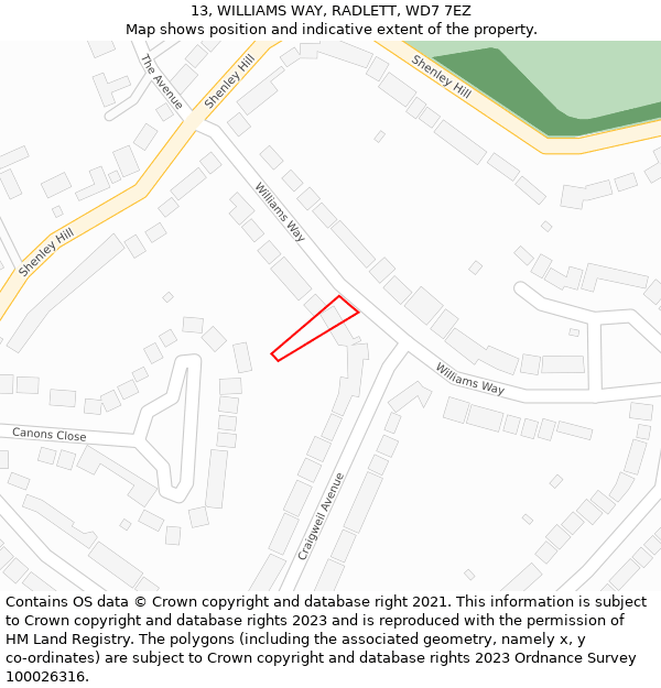 13, WILLIAMS WAY, RADLETT, WD7 7EZ: Location map and indicative extent of plot