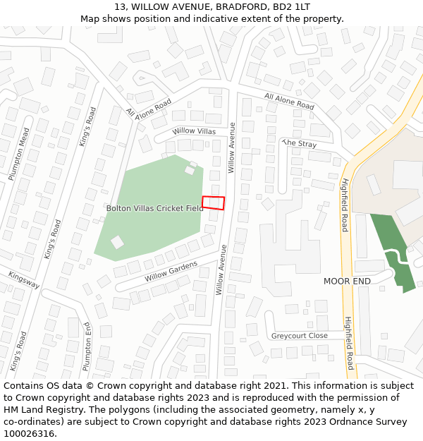 13, WILLOW AVENUE, BRADFORD, BD2 1LT: Location map and indicative extent of plot