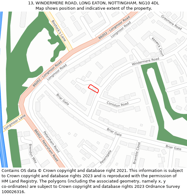 13, WINDERMERE ROAD, LONG EATON, NOTTINGHAM, NG10 4DL: Location map and indicative extent of plot