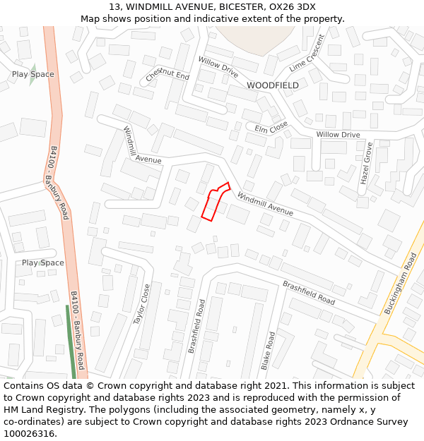 13, WINDMILL AVENUE, BICESTER, OX26 3DX: Location map and indicative extent of plot