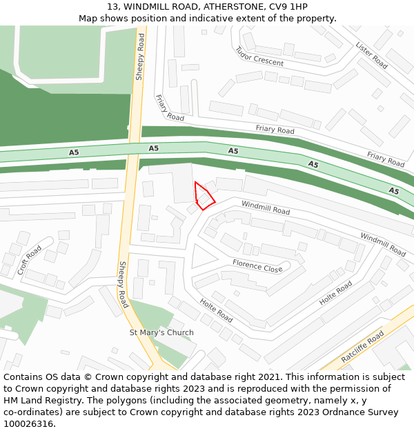 13, WINDMILL ROAD, ATHERSTONE, CV9 1HP: Location map and indicative extent of plot