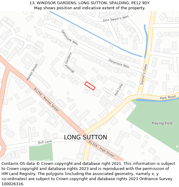 13, WINDSOR GARDENS, LONG SUTTON, SPALDING, PE12 9DY: Location map and indicative extent of plot