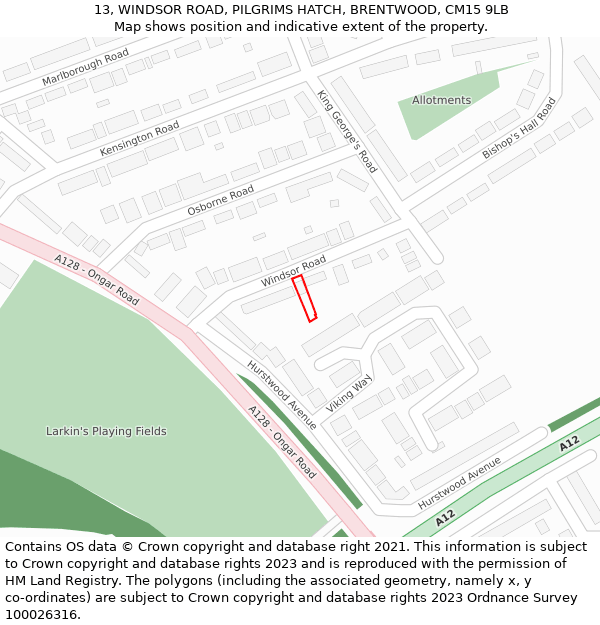 13, WINDSOR ROAD, PILGRIMS HATCH, BRENTWOOD, CM15 9LB: Location map and indicative extent of plot