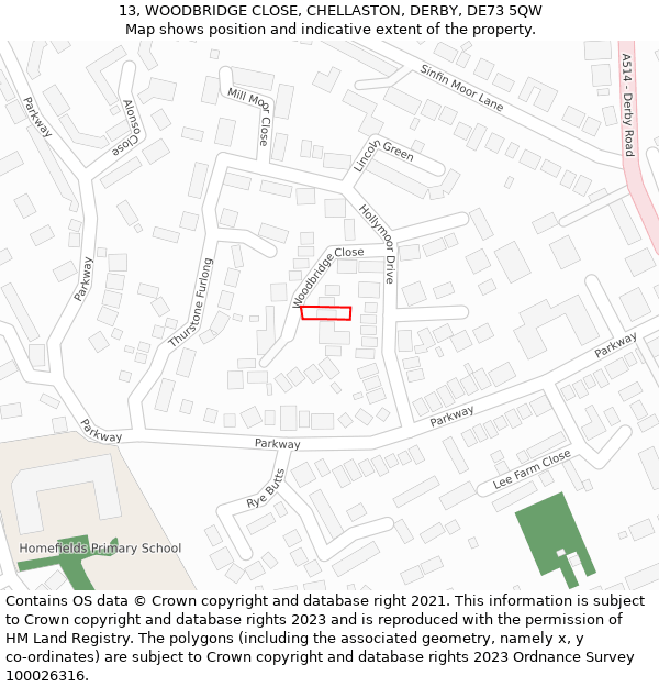 13, WOODBRIDGE CLOSE, CHELLASTON, DERBY, DE73 5QW: Location map and indicative extent of plot