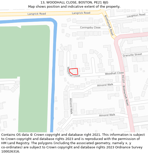 13, WOODHALL CLOSE, BOSTON, PE21 8JG: Location map and indicative extent of plot