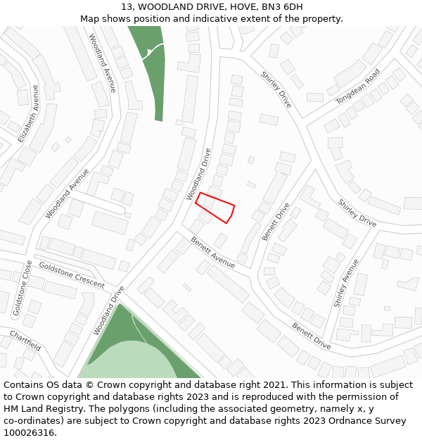13, WOODLAND DRIVE, HOVE, BN3 6DH: Location map and indicative extent of plot
