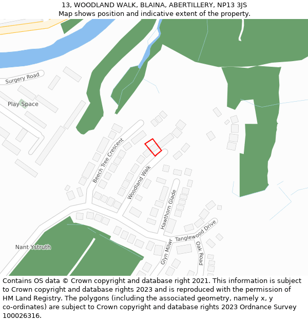 13, WOODLAND WALK, BLAINA, ABERTILLERY, NP13 3JS: Location map and indicative extent of plot