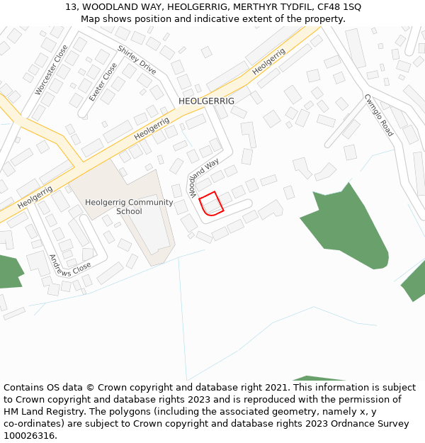 13, WOODLAND WAY, HEOLGERRIG, MERTHYR TYDFIL, CF48 1SQ: Location map and indicative extent of plot