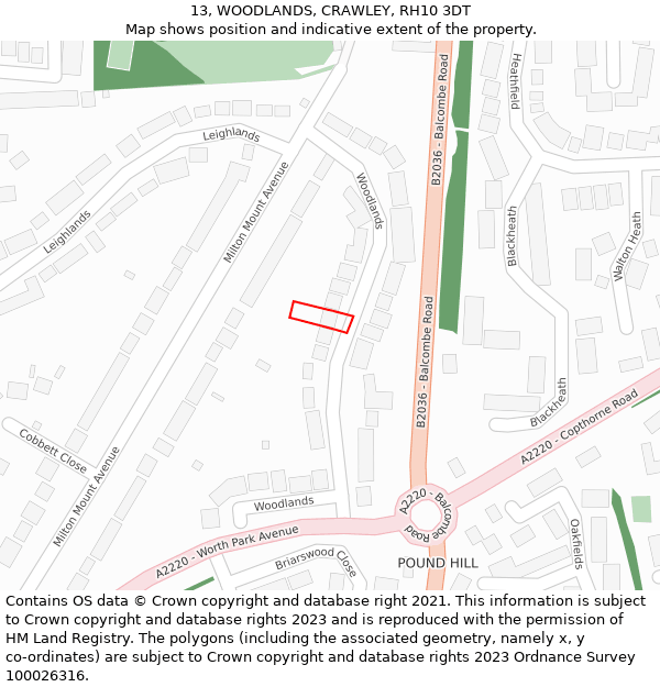 13, WOODLANDS, CRAWLEY, RH10 3DT: Location map and indicative extent of plot