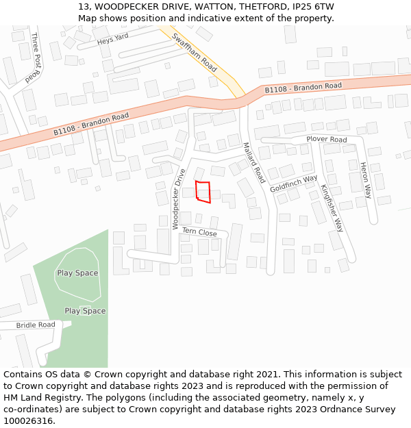 13, WOODPECKER DRIVE, WATTON, THETFORD, IP25 6TW: Location map and indicative extent of plot