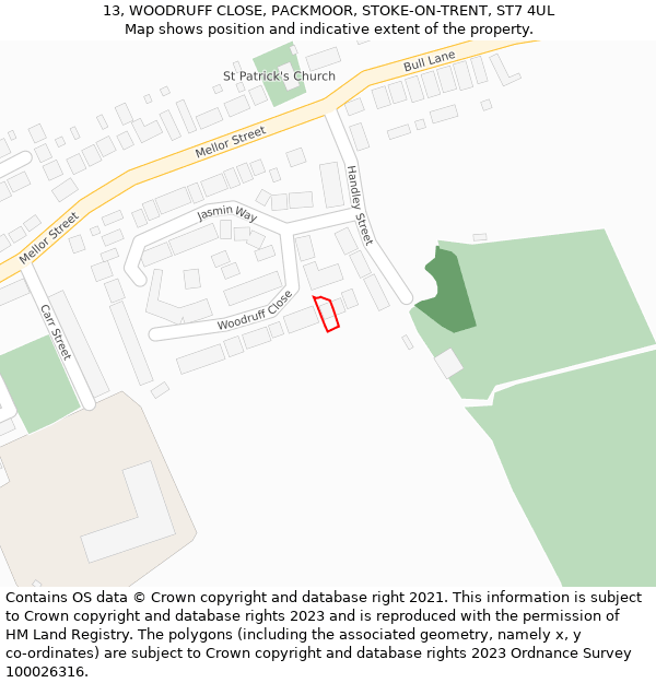 13, WOODRUFF CLOSE, PACKMOOR, STOKE-ON-TRENT, ST7 4UL: Location map and indicative extent of plot