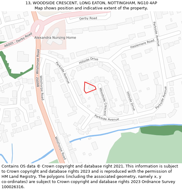 13, WOODSIDE CRESCENT, LONG EATON, NOTTINGHAM, NG10 4AP: Location map and indicative extent of plot