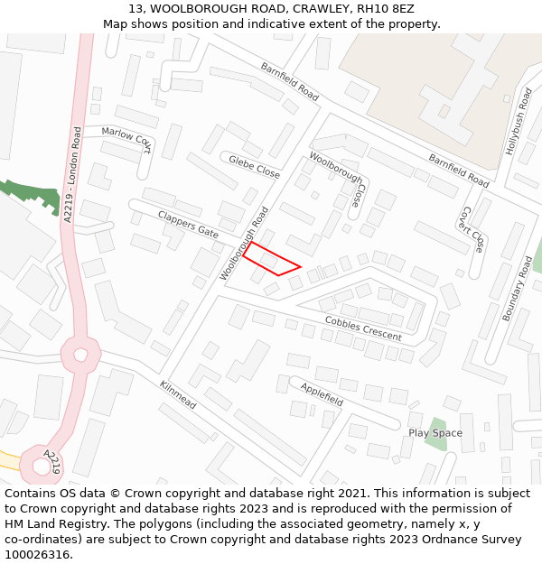 13, WOOLBOROUGH ROAD, CRAWLEY, RH10 8EZ: Location map and indicative extent of plot
