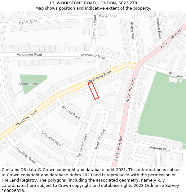 13, WOOLSTONE ROAD, LONDON, SE23 2TR: Location map and indicative extent of plot