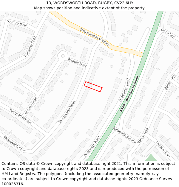 13, WORDSWORTH ROAD, RUGBY, CV22 6HY: Location map and indicative extent of plot