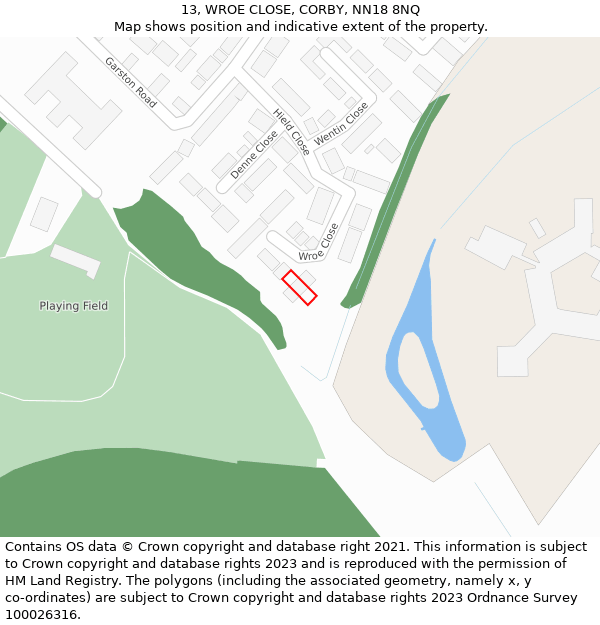 13, WROE CLOSE, CORBY, NN18 8NQ: Location map and indicative extent of plot