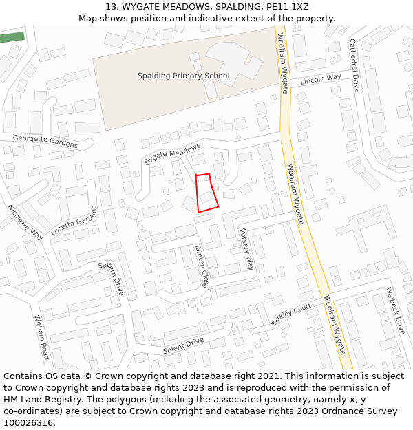 13, WYGATE MEADOWS, SPALDING, PE11 1XZ: Location map and indicative extent of plot