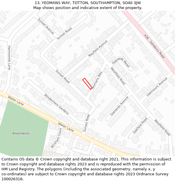 13, YEOMANS WAY, TOTTON, SOUTHAMPTON, SO40 3JW: Location map and indicative extent of plot