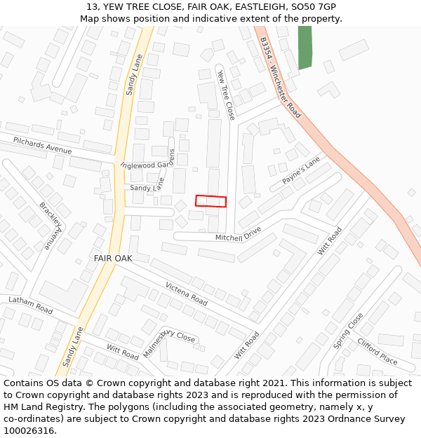 13, YEW TREE CLOSE, FAIR OAK, EASTLEIGH, SO50 7GP: Location map and indicative extent of plot