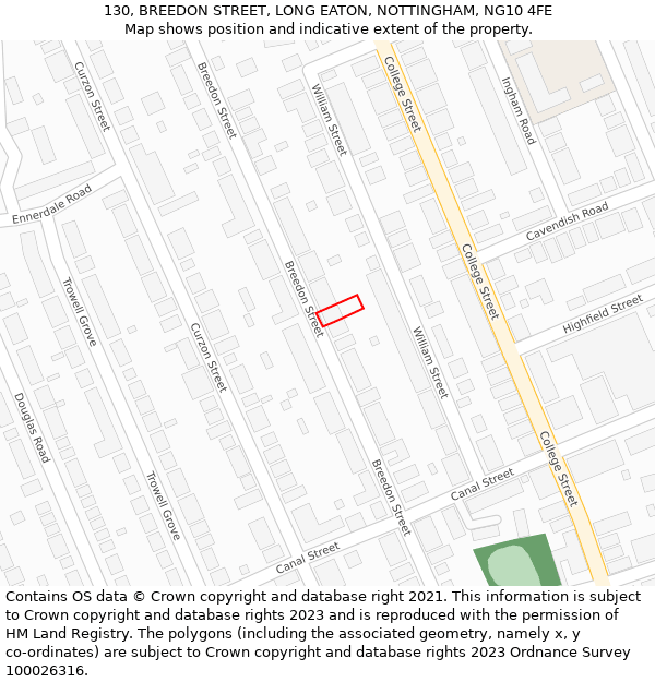 130, BREEDON STREET, LONG EATON, NOTTINGHAM, NG10 4FE: Location map and indicative extent of plot