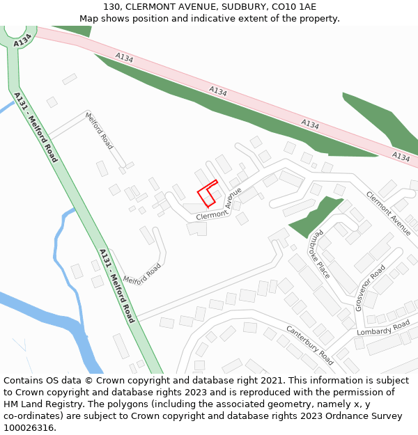 130, CLERMONT AVENUE, SUDBURY, CO10 1AE: Location map and indicative extent of plot