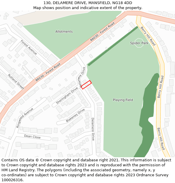 130, DELAMERE DRIVE, MANSFIELD, NG18 4DD: Location map and indicative extent of plot