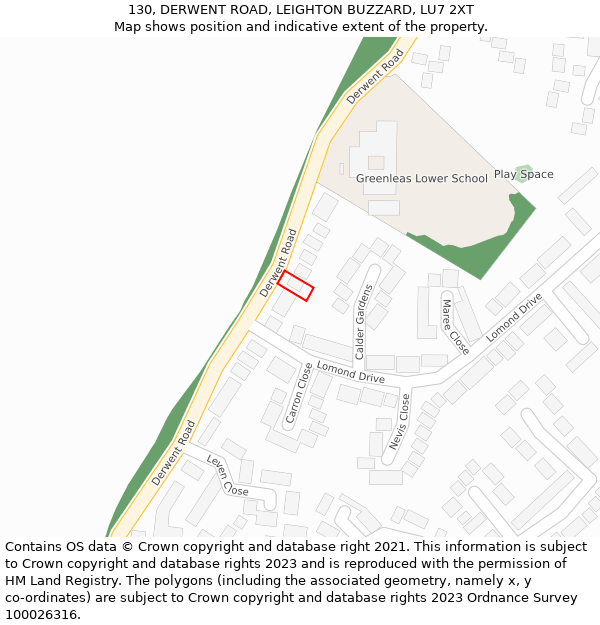 130, DERWENT ROAD, LEIGHTON BUZZARD, LU7 2XT: Location map and indicative extent of plot