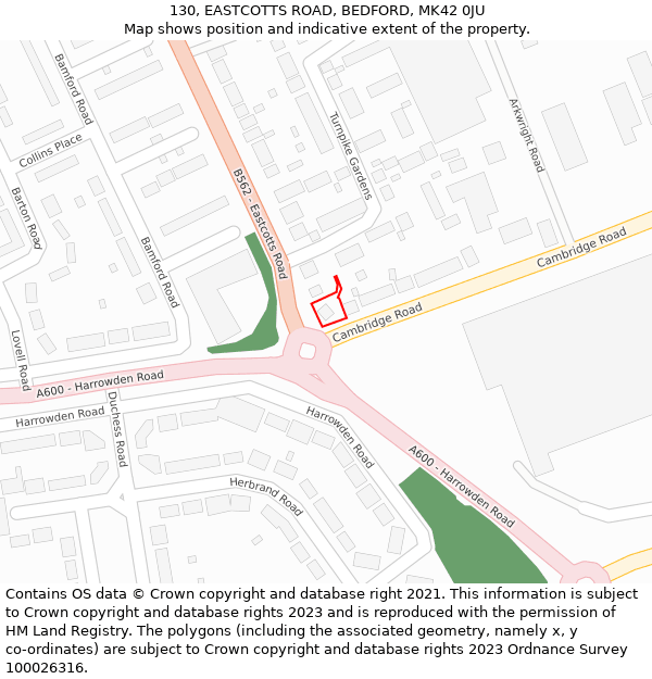 130, EASTCOTTS ROAD, BEDFORD, MK42 0JU: Location map and indicative extent of plot