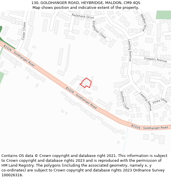 130, GOLDHANGER ROAD, HEYBRIDGE, MALDON, CM9 4QS: Location map and indicative extent of plot