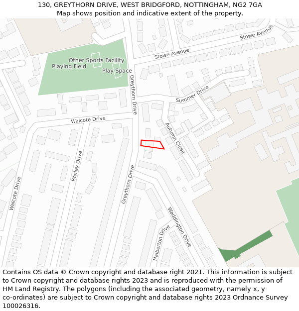 130, GREYTHORN DRIVE, WEST BRIDGFORD, NOTTINGHAM, NG2 7GA: Location map and indicative extent of plot