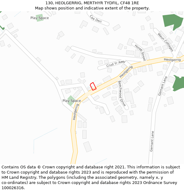 130, HEOLGERRIG, MERTHYR TYDFIL, CF48 1RE: Location map and indicative extent of plot