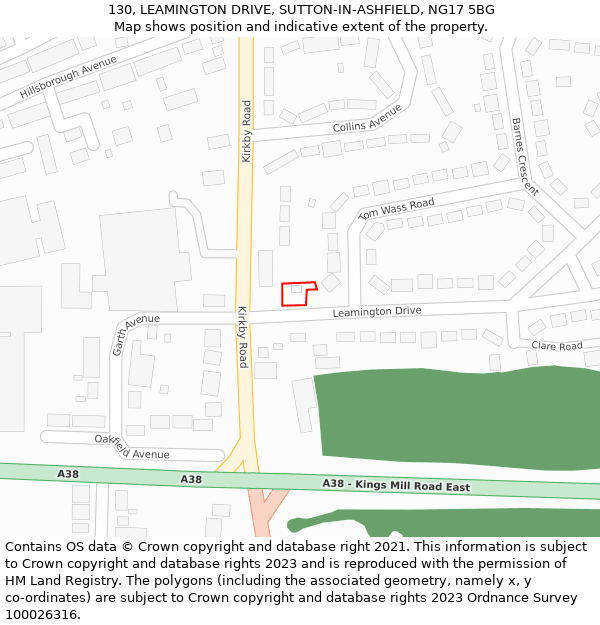 130, LEAMINGTON DRIVE, SUTTON-IN-ASHFIELD, NG17 5BG: Location map and indicative extent of plot