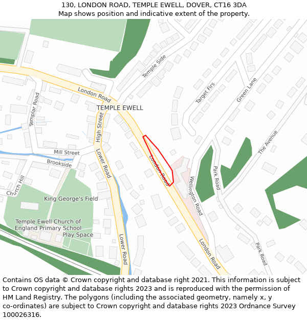 130, LONDON ROAD, TEMPLE EWELL, DOVER, CT16 3DA: Location map and indicative extent of plot