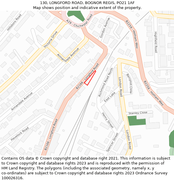 130, LONGFORD ROAD, BOGNOR REGIS, PO21 1AF: Location map and indicative extent of plot