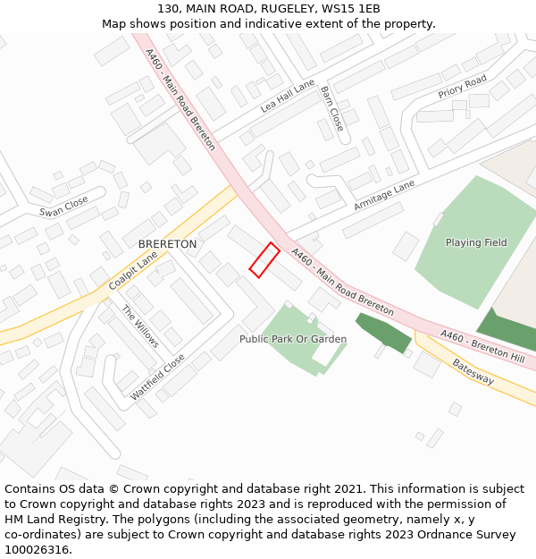 130, MAIN ROAD, RUGELEY, WS15 1EB: Location map and indicative extent of plot