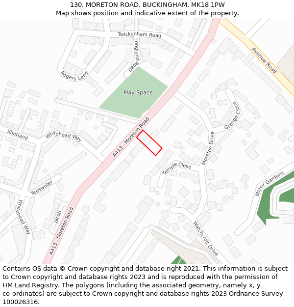 130, MORETON ROAD, BUCKINGHAM, MK18 1PW: Location map and indicative extent of plot