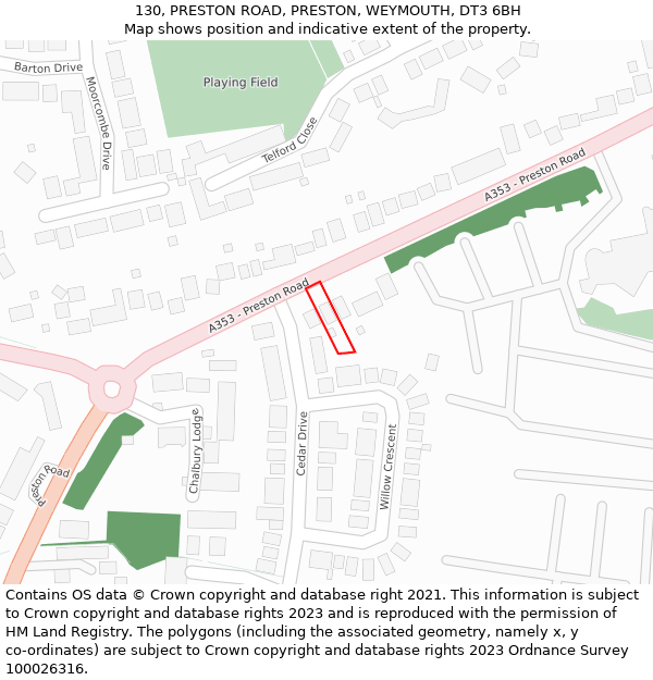 130, PRESTON ROAD, PRESTON, WEYMOUTH, DT3 6BH: Location map and indicative extent of plot