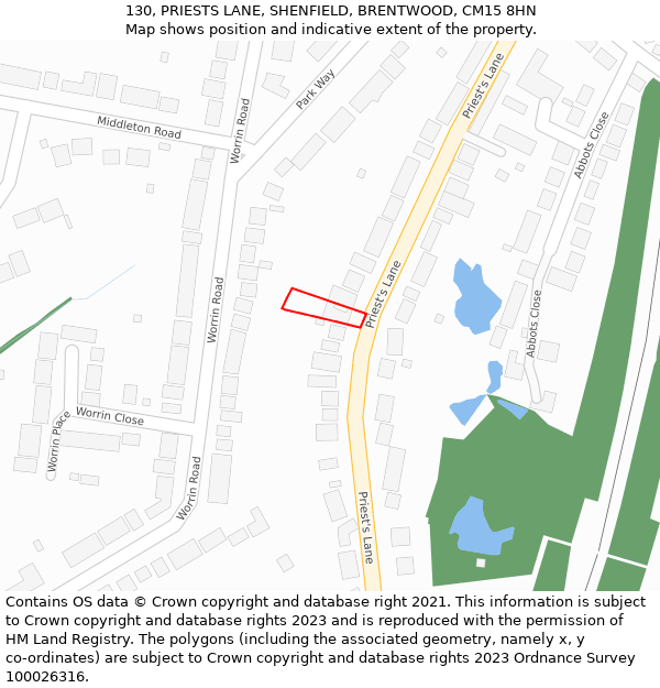130, PRIESTS LANE, SHENFIELD, BRENTWOOD, CM15 8HN: Location map and indicative extent of plot