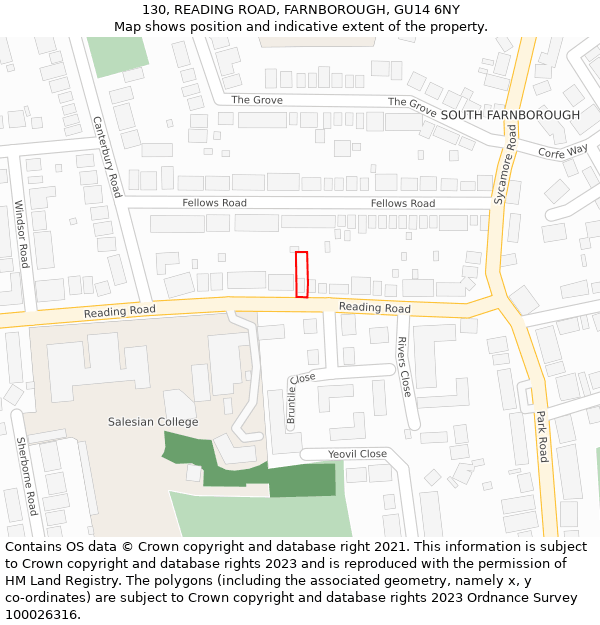 130, READING ROAD, FARNBOROUGH, GU14 6NY: Location map and indicative extent of plot