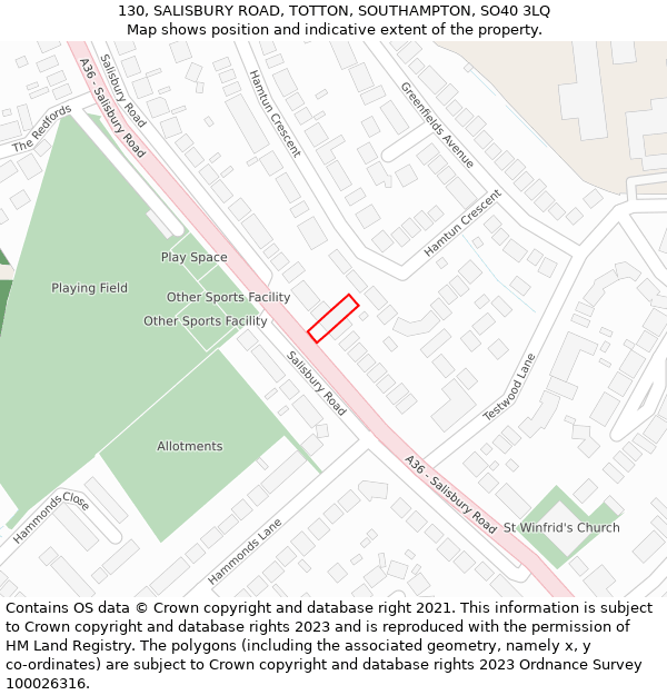 130, SALISBURY ROAD, TOTTON, SOUTHAMPTON, SO40 3LQ: Location map and indicative extent of plot