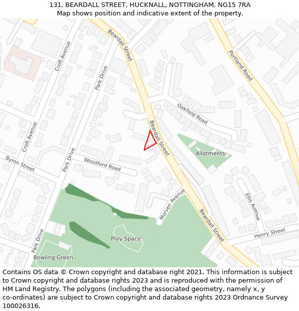 131, BEARDALL STREET, HUCKNALL, NOTTINGHAM, NG15 7RA: Location map and indicative extent of plot