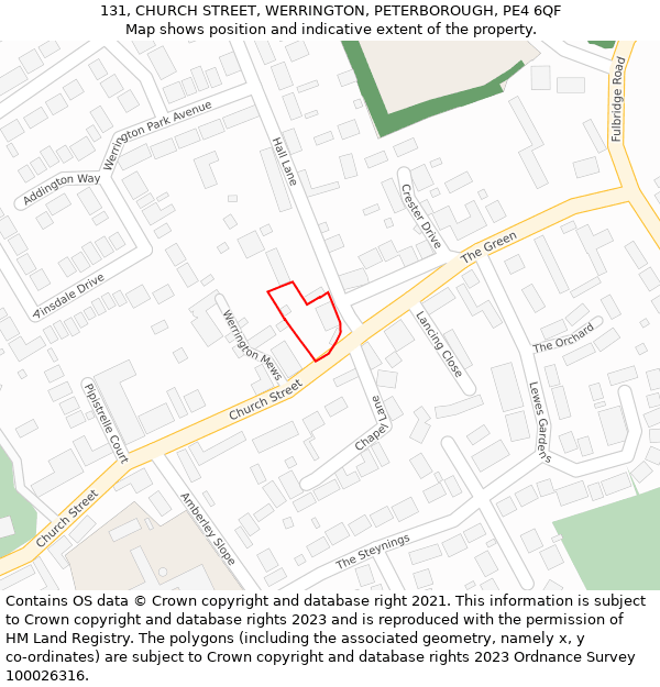 131, CHURCH STREET, WERRINGTON, PETERBOROUGH, PE4 6QF: Location map and indicative extent of plot